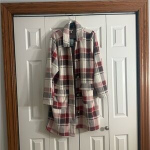 Maurices Checkered Pea Coat - Burgundy, Cream, and Black